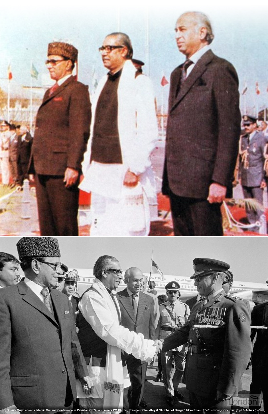 Sheikh Mujibur Rahman with Zulfikar Ali Bhutto in a state visit to Pakistan in 1974